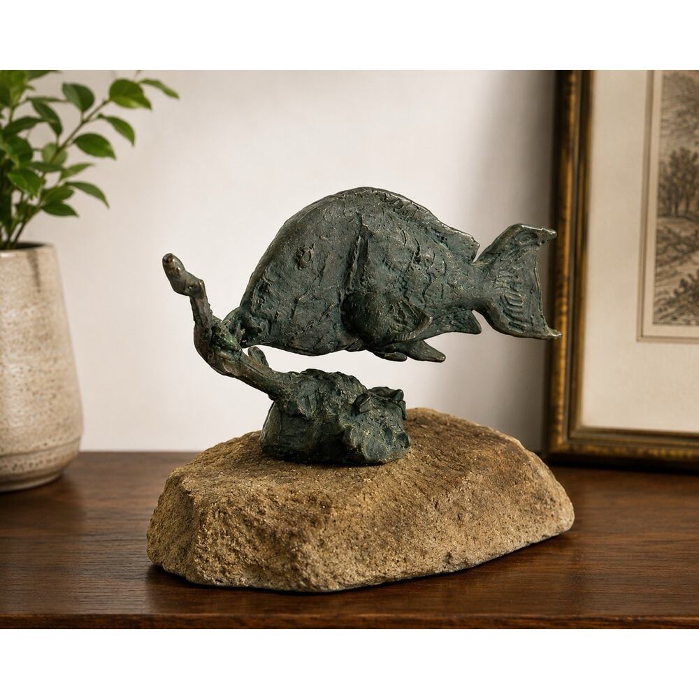 Vintage Bronze Fish Sculpture On Stone Base Attributed To Primo Conti Brutalist - Picture 2 of 9